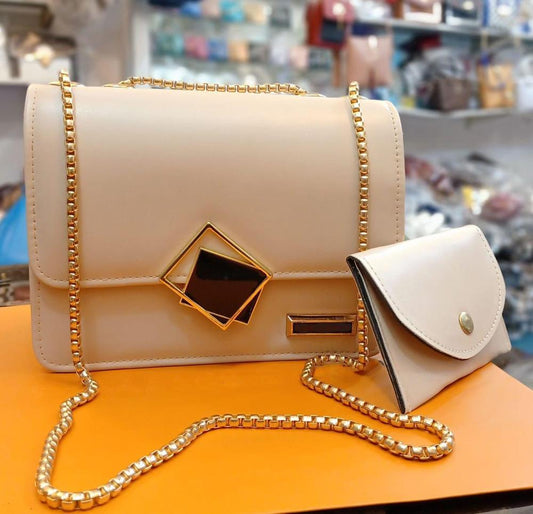 2 Pcs PU Leather Hand Bag With Long Golden Chain For Girls - Fashion Lovers