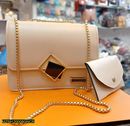 2 Pcs PU Leather Hand Bag With Long Golden Chain For Girls - Fashion Lovers