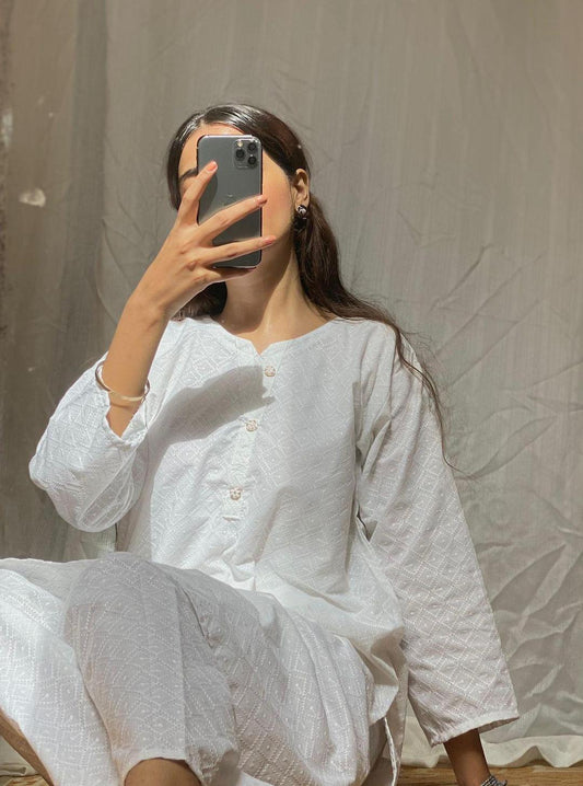 2 Pcs Women's Stitched Cotton Chikankari Shirt And Trouser - Fashion Lovers