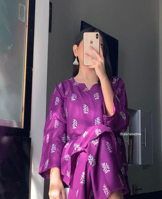 2 Pcs Women's Stitched Linen Block Printed Shirt And Trouser - Fashion Lovers