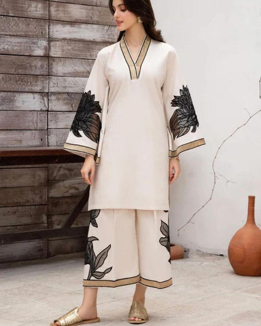 2 Pcs Women's Stitched Linen Embroidered Shirt And Trouser - Fashion Lovers