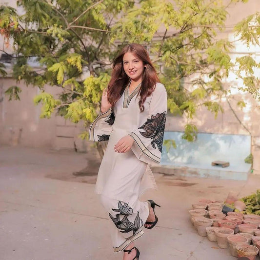 2 Pcs Women's Stitched Linen Embroidered Shirt And Trouser - Fashion Lovers