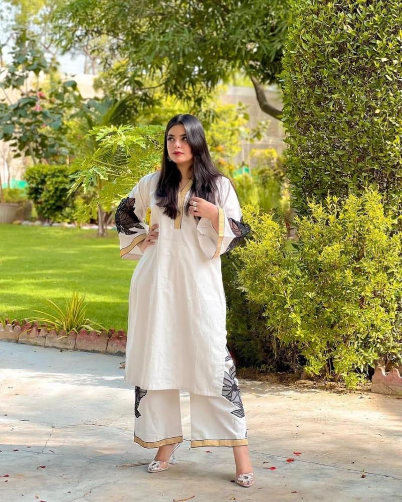 2 Pcs Women's Stitched Linen Embroidered Shirt And Trouser - Fashion Lovers