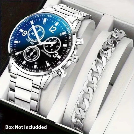 Pack of 2 Classic Luxury Watch for Men / Boys With Silver Hand/Wrist Bracelet Chain - Fashion Lovers