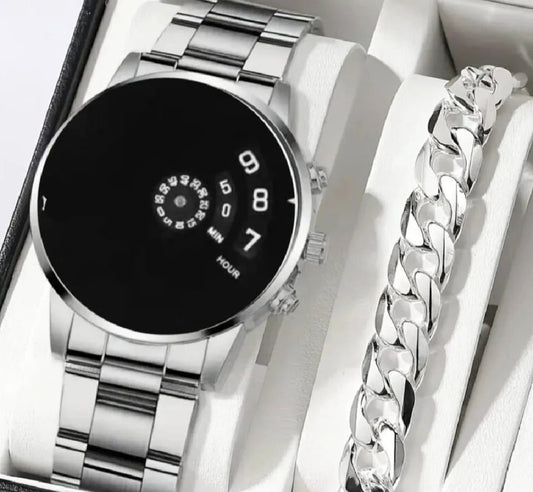 Pack of 2 Classic Luxury Watch for Men / Boys With Silver Hand/Wrist Bracelet Chain - Fashion Lovers