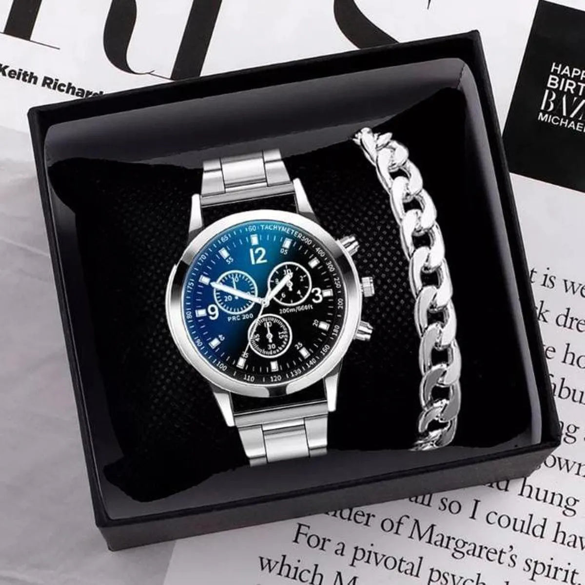 Pack of 2 Classic Luxury Watch for Men / Boys With Silver Hand/Wrist Bracelet Chain - Fashion Lovers