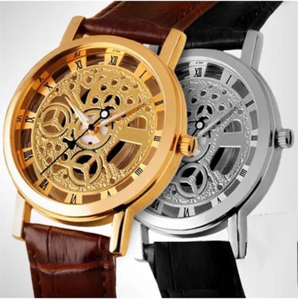 Skeleton Double Sided Glass Transparent Watch for Men / Women / Girls / Boys - Mens Leather Watches - Fashion Lovers