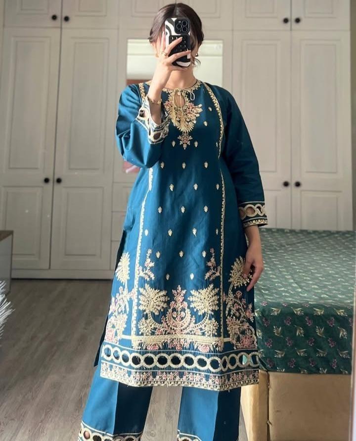 Women's Stitched Embroidered Cotton Shirt And Trouser Set - 2 Pcs - Fashion Lovers